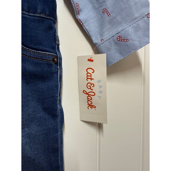 NWT Cat & Jack outfit Jeans Suspenders bow tie & candy cane jean shirt 6-9 M - Picture 2 of 4